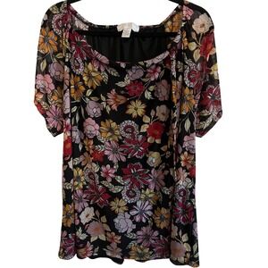 So It Is Women 1X Black Floral Mesh Square Neck Flutter Sleeve Blouse Top